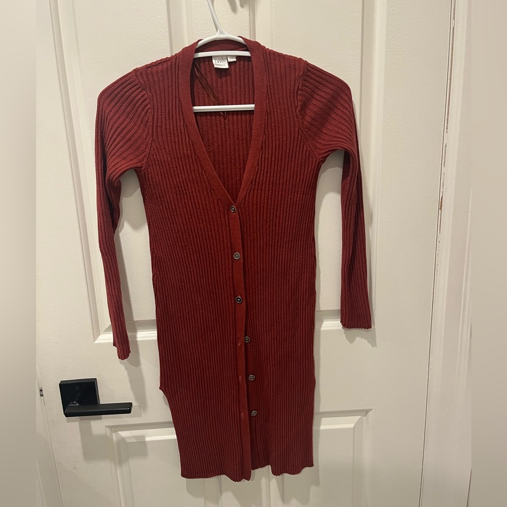 Rust Red Ribbed Long Cardigan